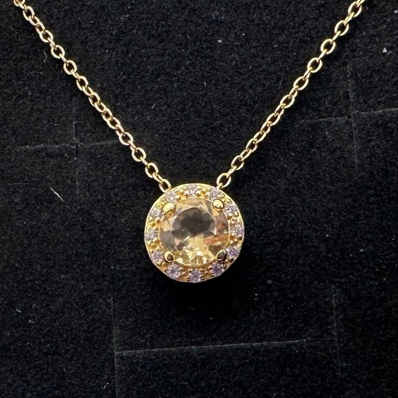 Bright Round 2.00 Carat Golden Citrine Halo Necklace - 14kt Gold Overlay Sterlin - Picture 1 of 8